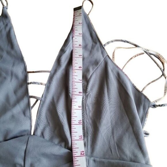 essue Floral Print Gray Maxi Romper Dress With Sheer Overlay Halter Neck Size L - Picture 12 of 16